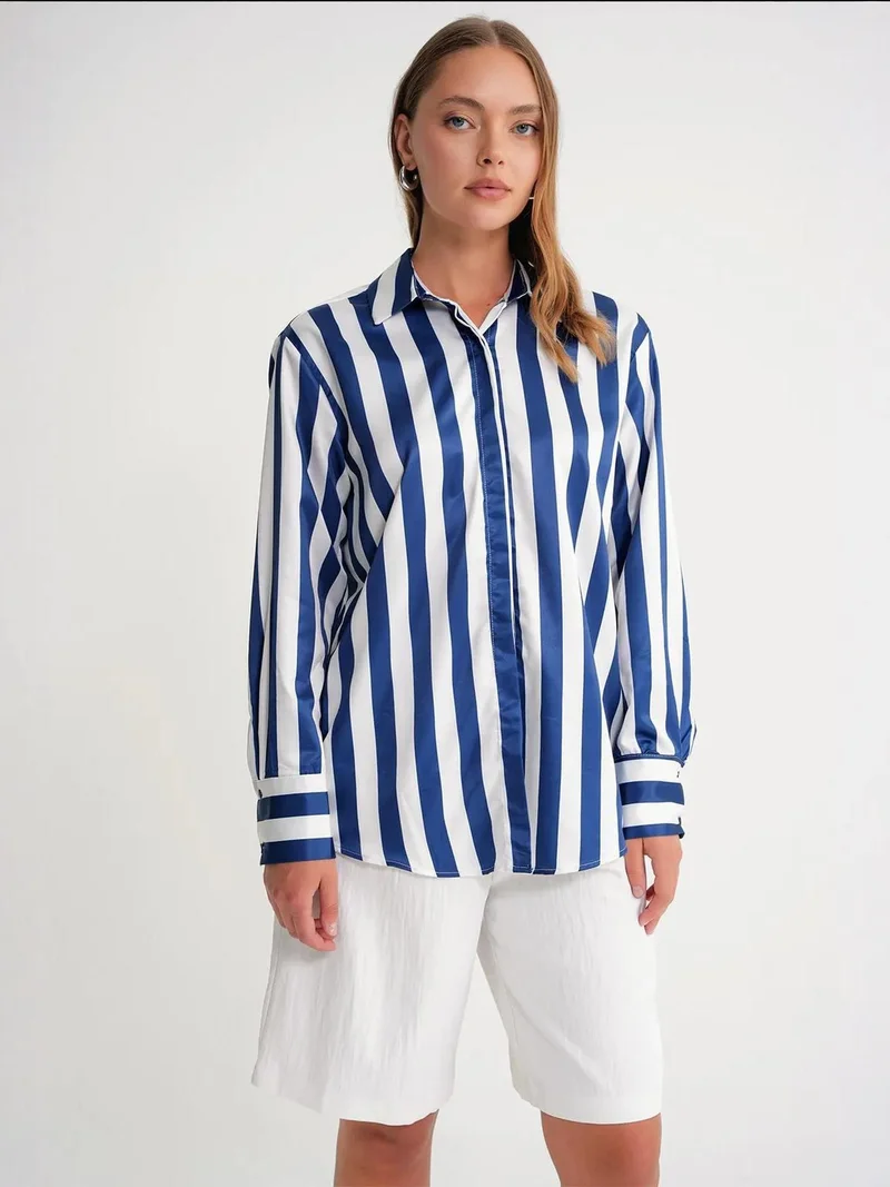 Mixray Navy Blue Mixray Striped Poplin Shirt for Women | Best Price UAE