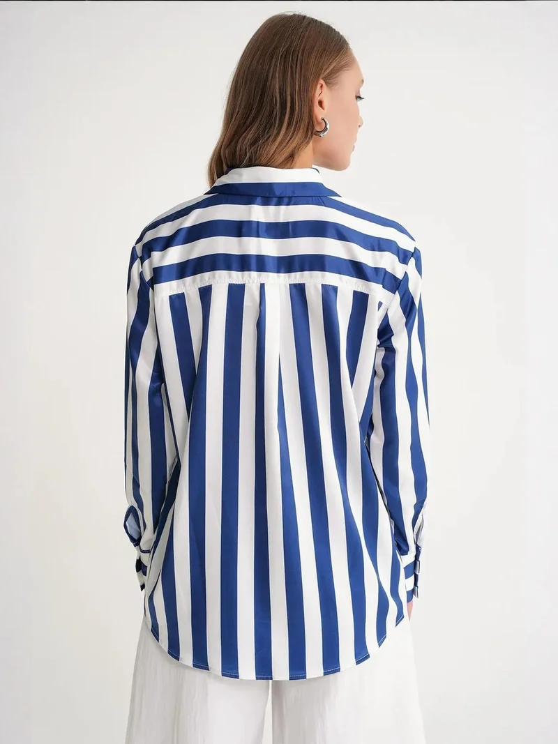 Mixray Navy Blue Mixray Striped Poplin Shirt for Women | Best Price UAE
