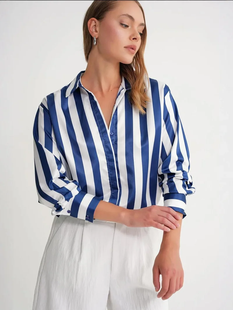Mixray Navy Blue Mixray Striped Poplin Shirt for Women | Best Price UAE