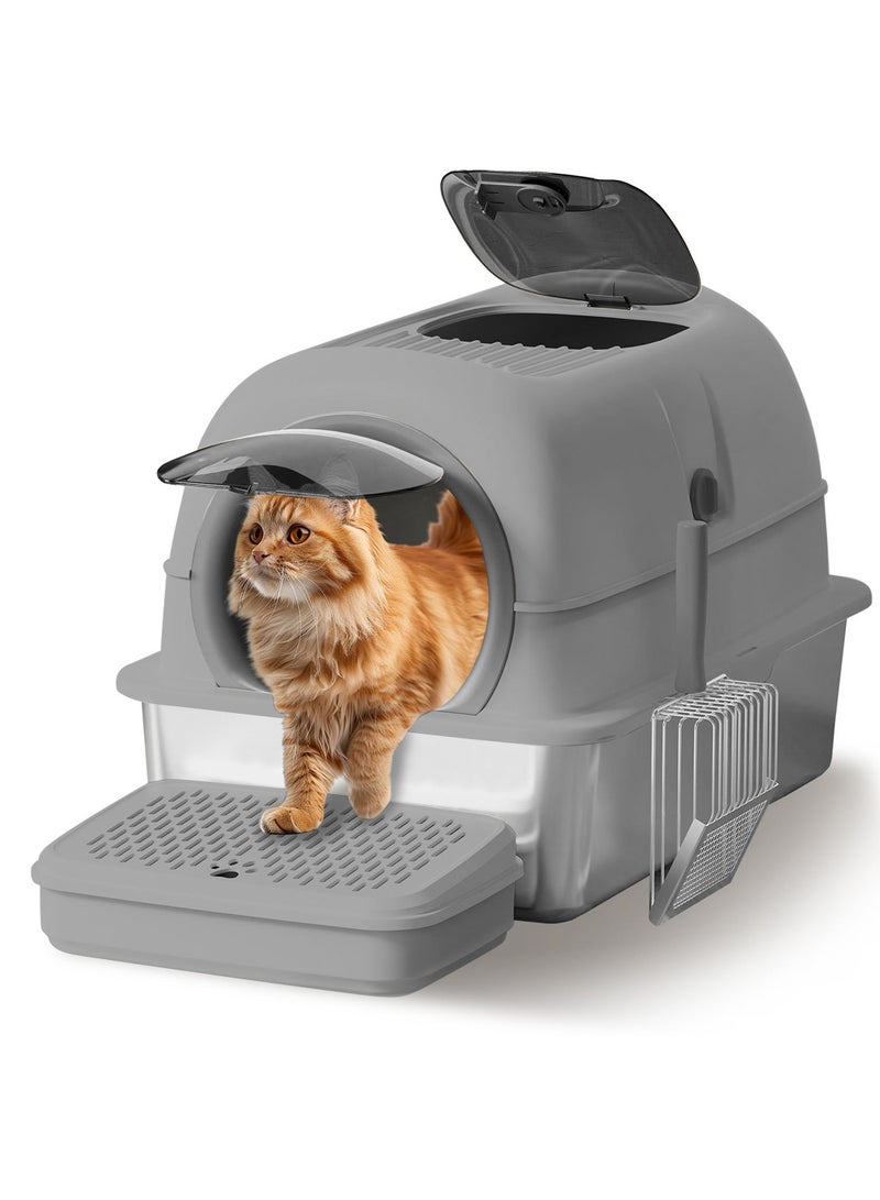 كيدل صندوق القمامة القط من الفولاذ المقاوم للصدأ مع خطوات ومسكوب عالية الجوانب صندوق القمامة القط المعدنية مع غطاء سهل التنظيف غير اللاصقة ومكافحة التسرب - Image 1