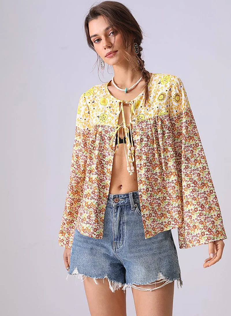 يونيكي Yellow Round Neck Long Sleeves A-Line Top