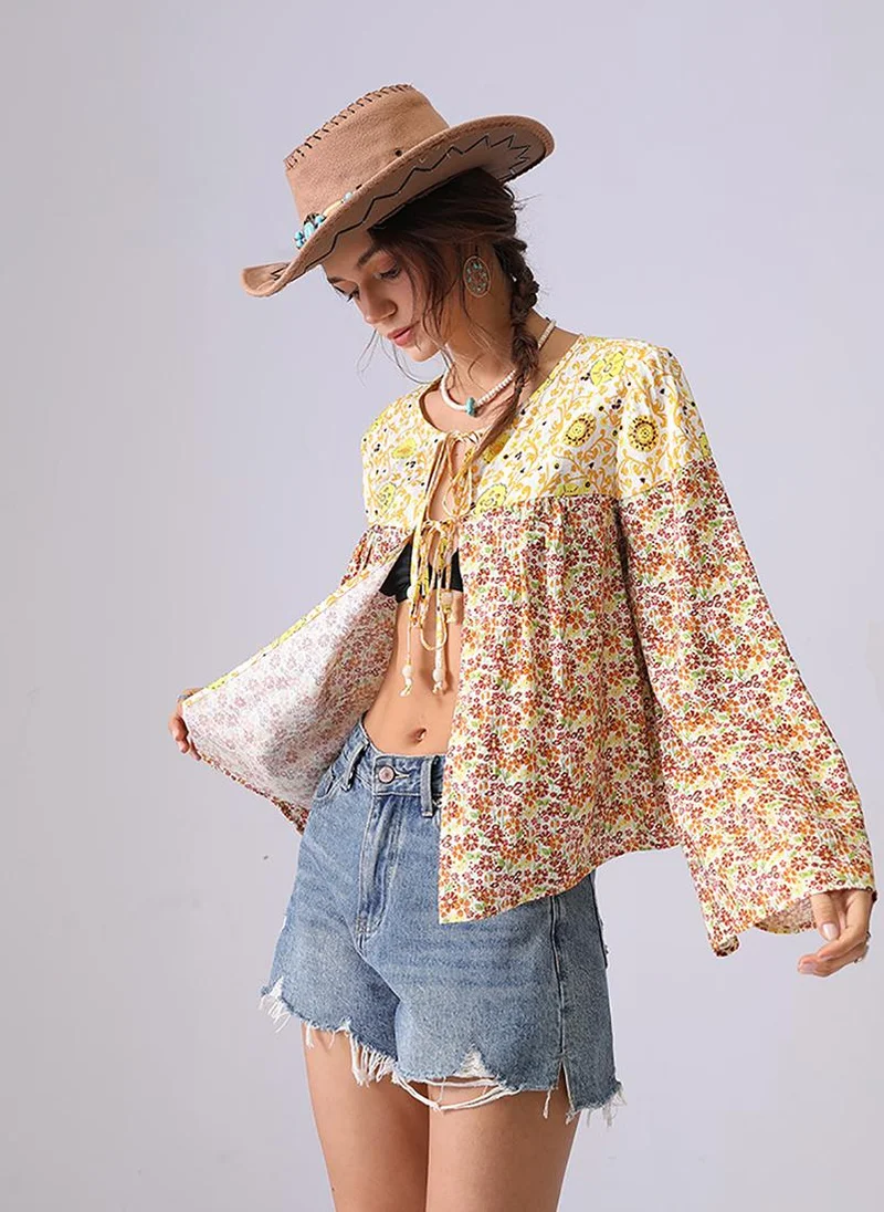 يونيكي Yellow Round Neck Long Sleeves A-Line Top