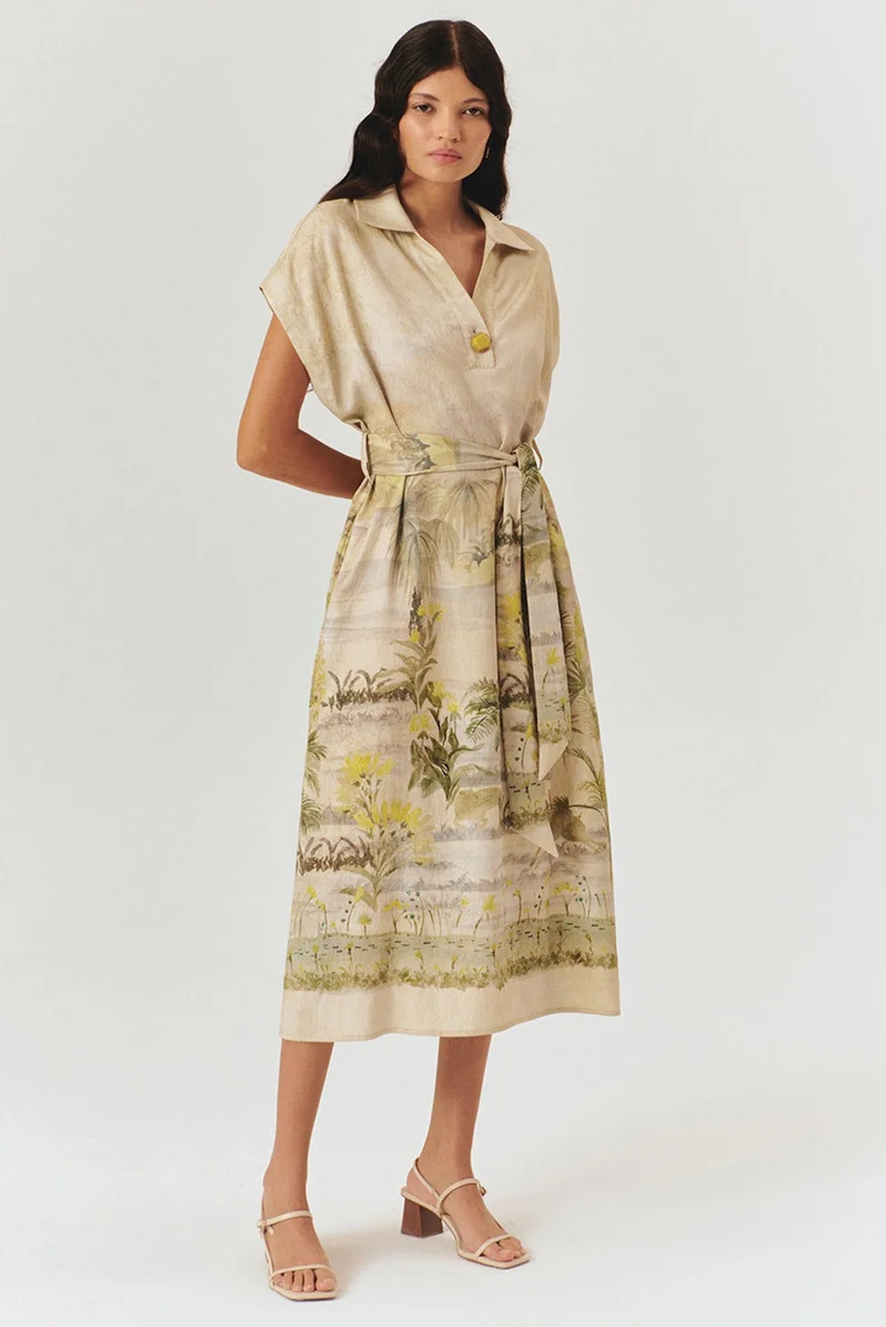 EXQUISE Sleeveless Patterned Belted Midi Dress