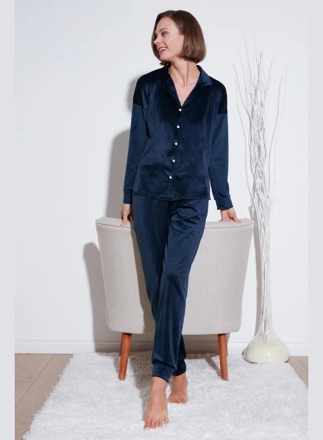 Lela Lela Regular Fit Shiny Velvet Ribbed Pajama Set Women's Pajama Set 6097110