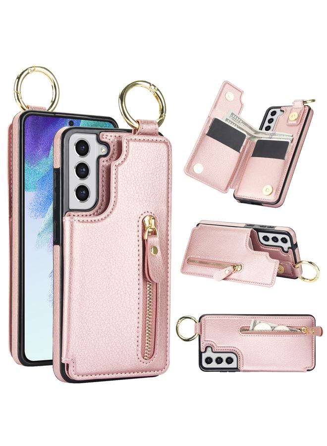 اس-توب جراب لهاتف Samsung Galaxy S21 FE 5G بنسيج الليتشي وسحاب ومشبك مزدوج وحقيبة بطاقات - Image 1