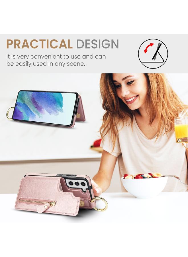 اس-توب جراب لهاتف Samsung Galaxy S21 FE 5G بنسيج الليتشي وسحاب ومشبك مزدوج وحقيبة بطاقات - Image 4