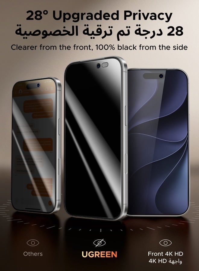 Ugreen 2 Pack for iPhone 18 Pro Privacy Screen Protector, Easy One-Pull Installation, Top 28° Anti-Spy, Data Protection, Full-Coverage Protection, Auto-Alignment Installation, 9H Tempered Glass black - Image 3
