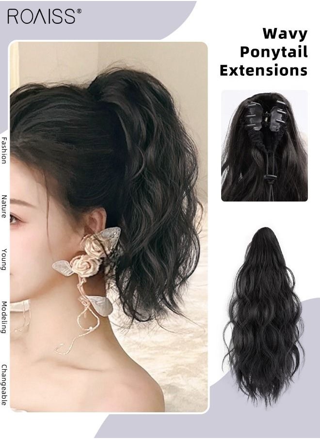 roaiss - Wavy Ponytail Extensions Mini Claw Clip Natural Ponytail Wig with Drawstring Synthetic Hairpiece for Women Girls Party Hairstyle Daily Use 25cm (10 inches) - Natural Black - Image 1