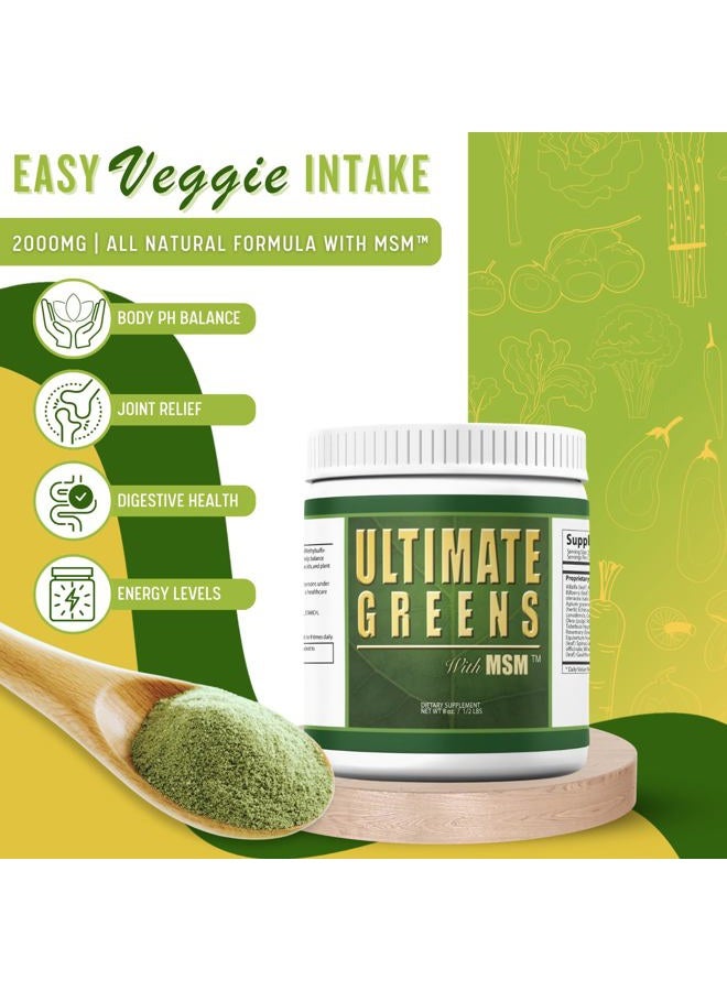 , Ultimate Greens with MSM Powder, Vegan Friendly Natural Ingredients Gluten Soy Free NO GMO Superfood Vegetable Nutritional Drink Alkalizing Energy 8oz 1 Pack (1 Month Supply)