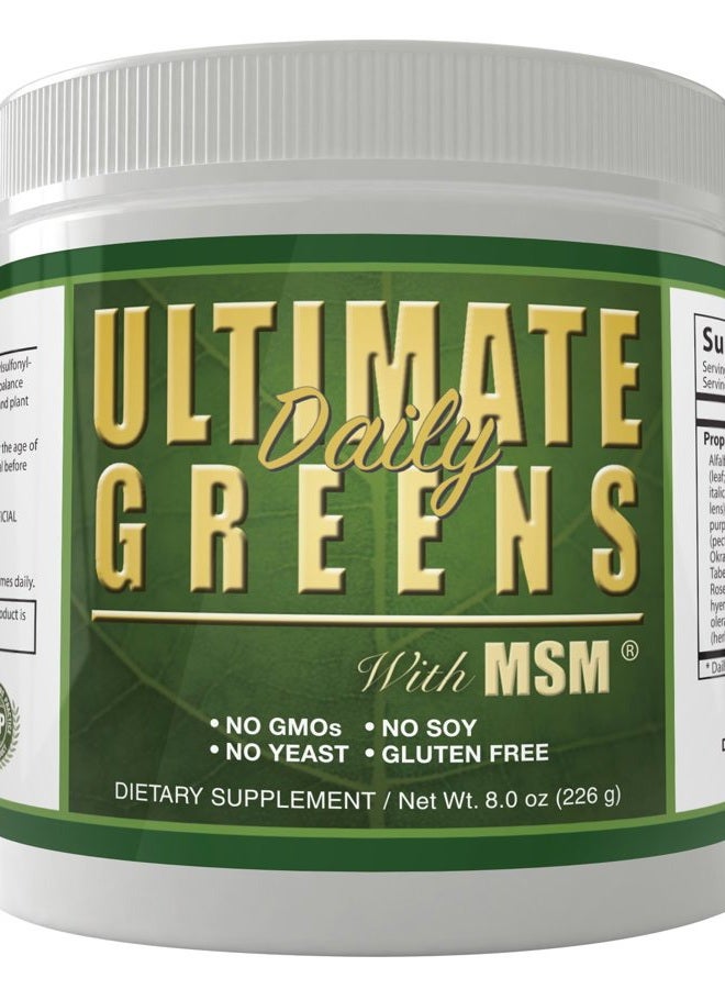 , Ultimate Greens with MSM Powder, Vegan Friendly Natural Ingredients Gluten Soy Free NO GMO Superfood Vegetable Nutritional Drink Alkalizing Energy 8oz 1 Pack (1 Month Supply)