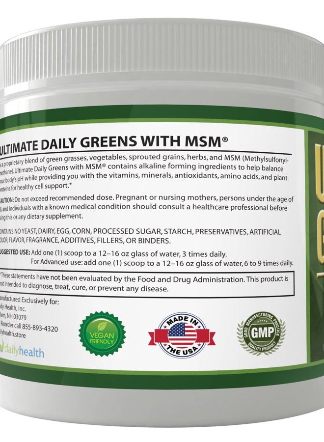 , Ultimate Greens with MSM Powder, Vegan Friendly Natural Ingredients Gluten Soy Free NO GMO Superfood Vegetable Nutritional Drink Alkalizing Energy 8oz 1 Pack (1 Month Supply)