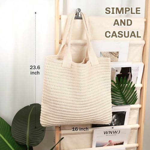 hatisan Crochet Bags for Women Large Tote Bag Aesthetic Handbag Shoulder Bag Hippie Bag Knit Bag (Beige-1) - Image 5