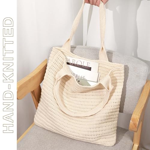 hatisan Crochet Bags for Women Large Tote Bag Aesthetic Handbag Shoulder Bag Hippie Bag Knit Bag (Beige-1) - Image 4