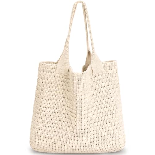 hatisan Crochet Bags for Women Large Tote Bag Aesthetic Handbag Shoulder Bag Hippie Bag Knit Bag (Beige-1) - Image 1