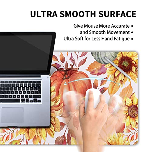 aportt Fall Pumpkin Sunflowers Mouse Pad XXL Watercolor Retro Autumn Leaves Floral Extended Desk Mat Non-Slip Rubber Base Stitched Edge Large Thanksgiving Mousepad for Gaming Laptop Computer 35.4×15.7 Inch - Image 4