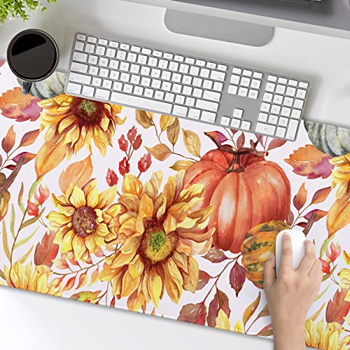 aportt Fall Pumpkin Sunflowers Mouse Pad XXL Watercolor Retro Autumn Leaves Floral Extended Desk Mat Non-Slip Rubber Base Stitched Edge Large Thanksgiving Mousepad for Gaming Laptop Computer 35.4×15.7 Inch - Image 5