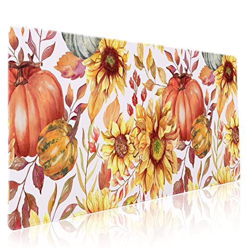 aportt Fall Pumpkin Sunflowers Mouse Pad XXL Watercolor Retro Autumn Leaves Floral Extended Desk Mat Non-Slip Rubber Base Stitched Edge Large Thanksgiving Mousepad for Gaming Laptop Computer 35.4×15.7 Inch - Image 1