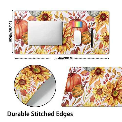 aportt Fall Pumpkin Sunflowers Mouse Pad XXL Watercolor Retro Autumn Leaves Floral Extended Desk Mat Non-Slip Rubber Base Stitched Edge Large Thanksgiving Mousepad for Gaming Laptop Computer 35.4×15.7 Inch - Image 2
