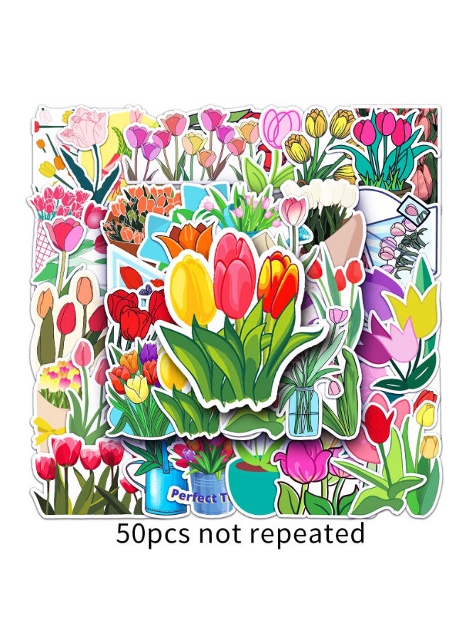 NIBEMINENT 50 Pcs Cartoon Tulip Deco Kit Waterproof Stickers, High Definition Printing Bright Colors, Suitable for Laptop Skateboard Luggage Water Bottle Guitar DIY - Image 1