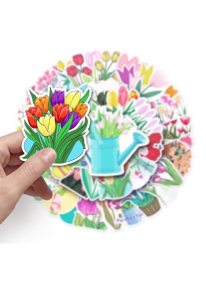 NIBEMINENT 50 Pcs Cartoon Tulip Deco Kit Waterproof Stickers, High Definition Printing Bright Colors, Suitable for Laptop Skateboard Luggage Water Bottle Guitar DIY - Image 3