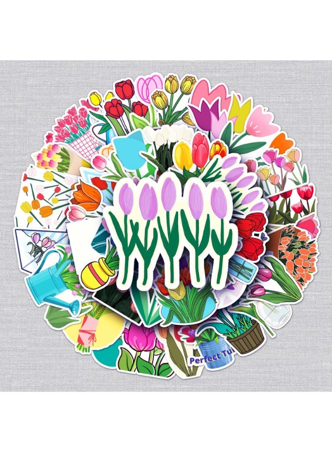 NIBEMINENT 50 Pcs Cartoon Tulip Deco Kit Waterproof Stickers, High Definition Printing Bright Colors, Suitable for Laptop Skateboard Luggage Water Bottle Guitar DIY - Image 2