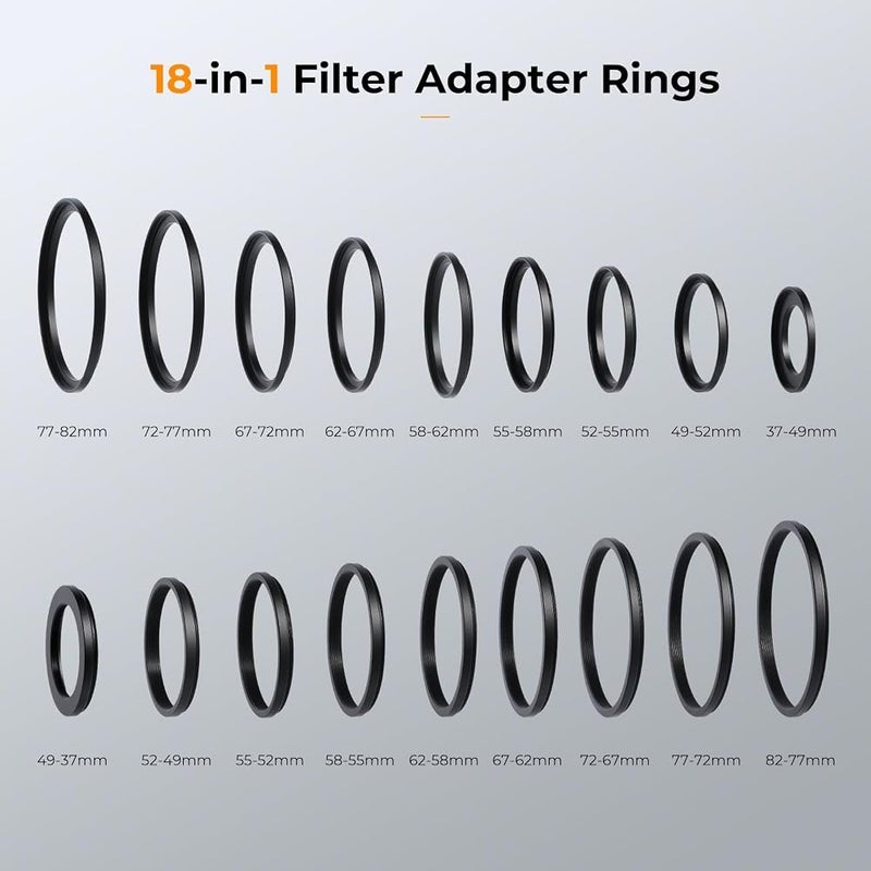 eWINNER Step Up Down Ring Filter Adapter Set 37 49 52 55 58 62 67 72 77 82mm (18 Pcs) - Image 2
