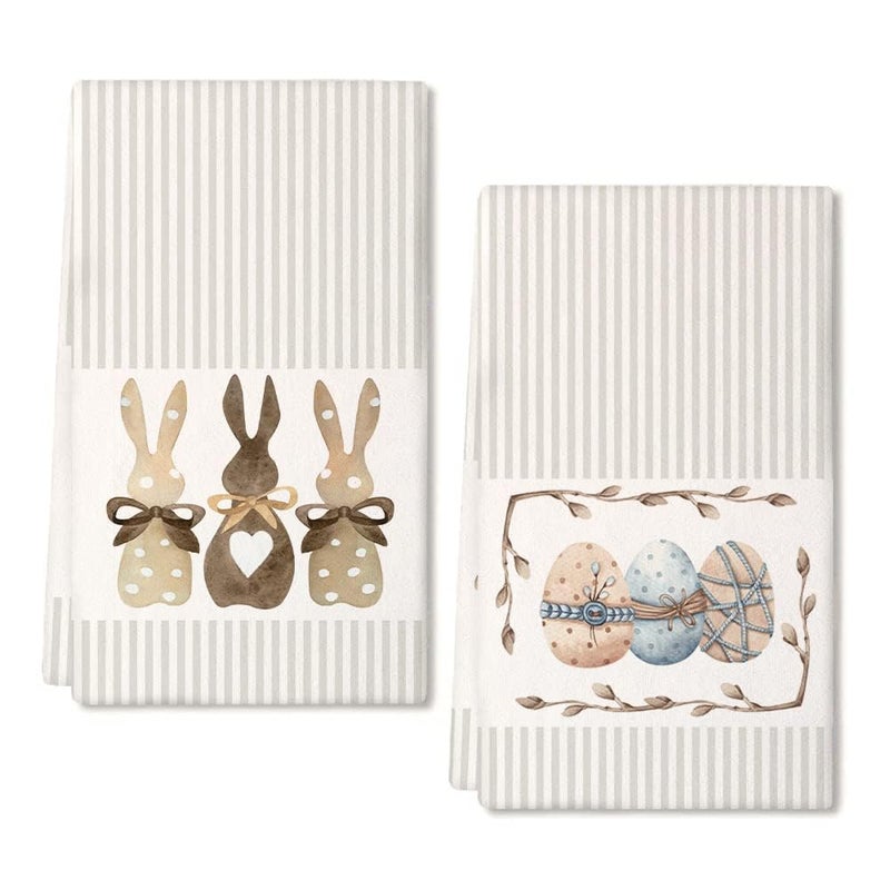 ARKENY Easter Kitchen Towels Beige Bunny Dish Cloths 18x26 Inch Ultra Absorbent Bar Drying Cloth Eggs Hand Towel for Kitchen Bathroom Party Easter Decorations Set of 2