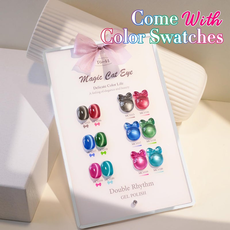 Double Rhythm Cat Eye Gel Nail Polish Set of 6 Same Color Same Bottle 0.5 Oz Shimmer Glitter with Magnet Holographic Reflective Magnetic UV Polish Kit at Home (Black Red Green Navy-T6-44) - Image 4