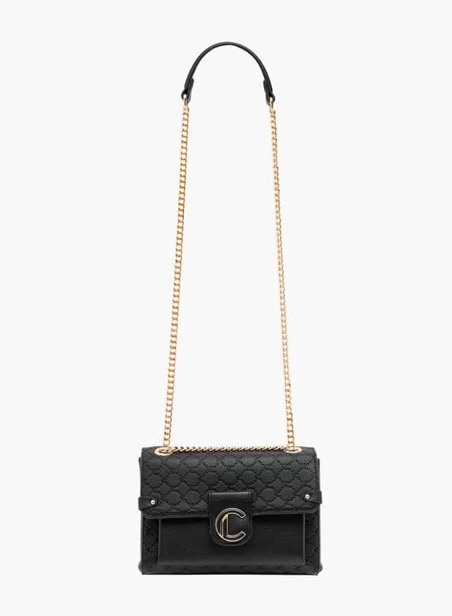 لو كونفورت Women Monogram Embossed Crossbody Bag with Magnetic Closure and Chain Strap