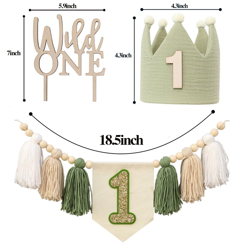 DCJHFJ Wild One High Chair Banner For 1st Birthday Party Boy Decorations With Green Tassel Garland Crown Hat Wild One Cake Topper - Image 5