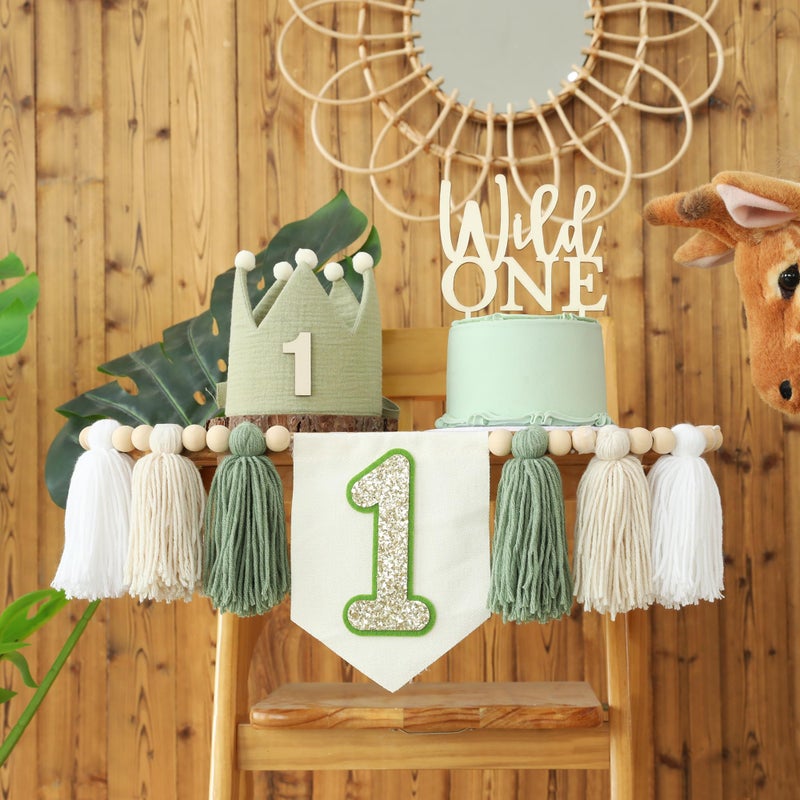 DCJHFJ Wild One High Chair Banner For 1st Birthday Party Boy Decorations With Green Tassel Garland Crown Hat Wild One Cake Topper - Image 2