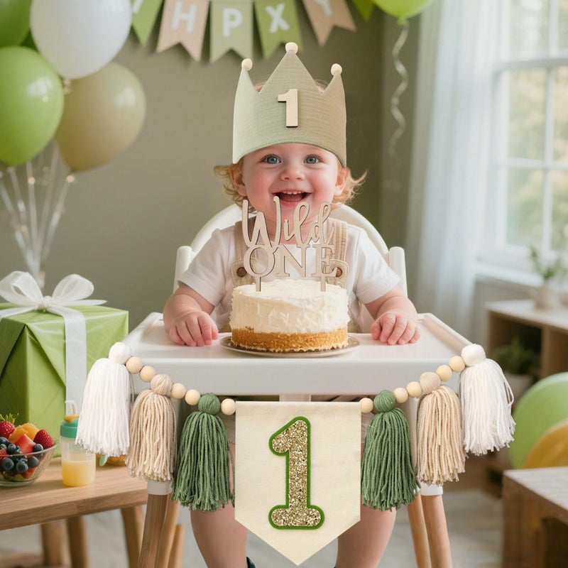 DCJHFJ Wild One High Chair Banner For 1st Birthday Party Boy Decorations With Green Tassel Garland Crown Hat Wild One Cake Topper - Image 3
