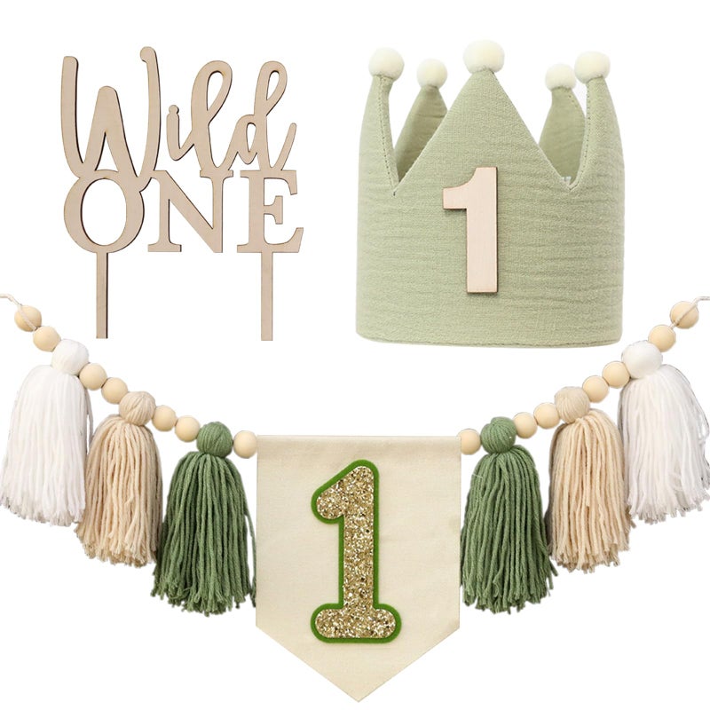DCJHFJ Wild One High Chair Banner For 1st Birthday Party Boy Decorations With Green Tassel Garland Crown Hat Wild One Cake Topper - Image 1