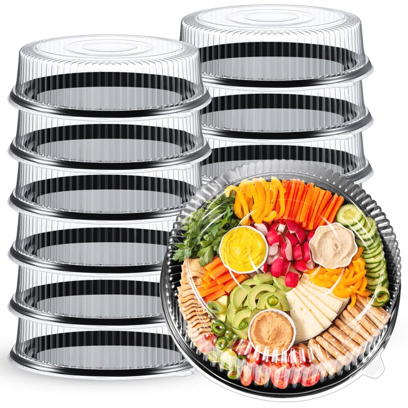 Amyhill 12 Pieces Serving Trays with Lid 18 Inch Plastic Party Platters with Lids Heavy Duty Black Round Large Stackable Plastic Catering Food Tray for Serving Appetizers Veggie Takeout Food Picnic