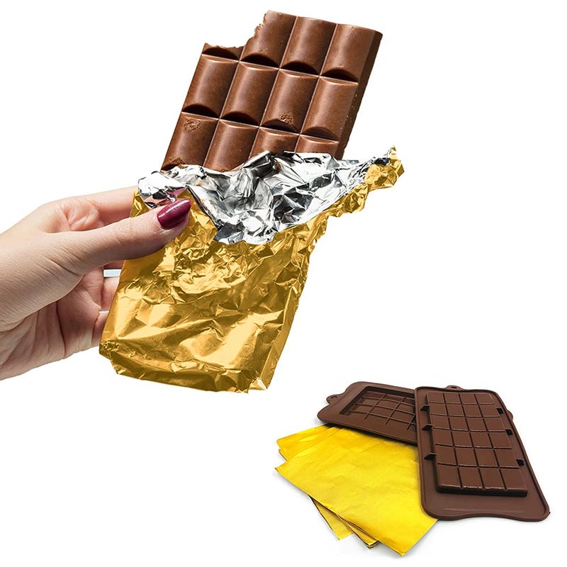 FineGood 4 PCS Chocolate Molds with 100 Gold Foil Wrappers, FineGood Non-stick Chocolate Bar Molds Chocolate Bar Maker Break-Apart Silicone Chocolate Molds - Image 5