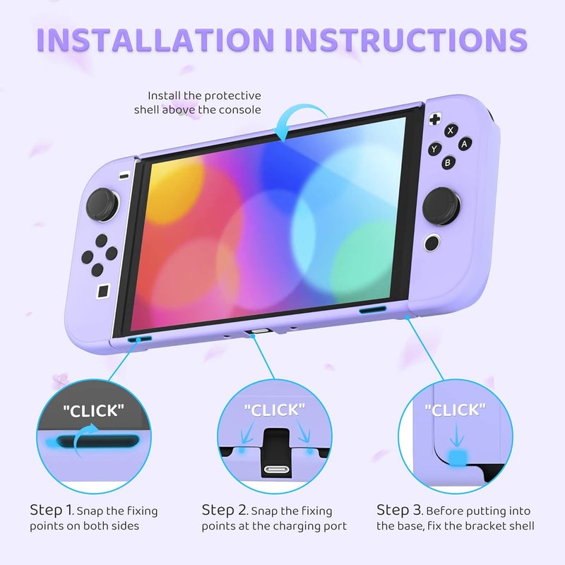 FANPL حزمة حقيبة لملحقات نينتندو سويتش OLED، حقيبة حمل لـ Switch OLED ووحدة تحكم Joy Con مع غطاء حماية صلب قابل للطي وواقي شاشة، 4 مقابض إبهام، حزام كتف (أرجواني) - Image 5