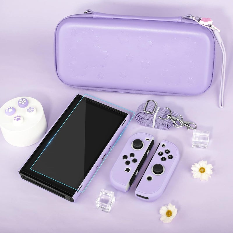 FANPL حزمة حقيبة لملحقات نينتندو سويتش OLED، حقيبة حمل لـ Switch OLED ووحدة تحكم Joy Con مع غطاء حماية صلب قابل للطي وواقي شاشة، 4 مقابض إبهام، حزام كتف (أرجواني) - Image 3