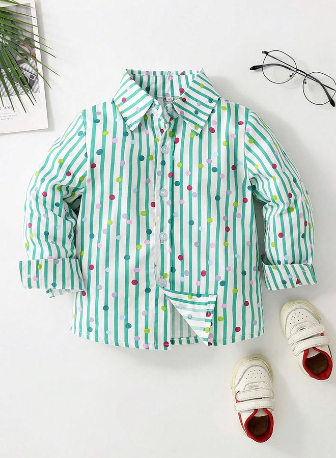 Take Two Boys Green Striped Polka Print Shirt - Image 1