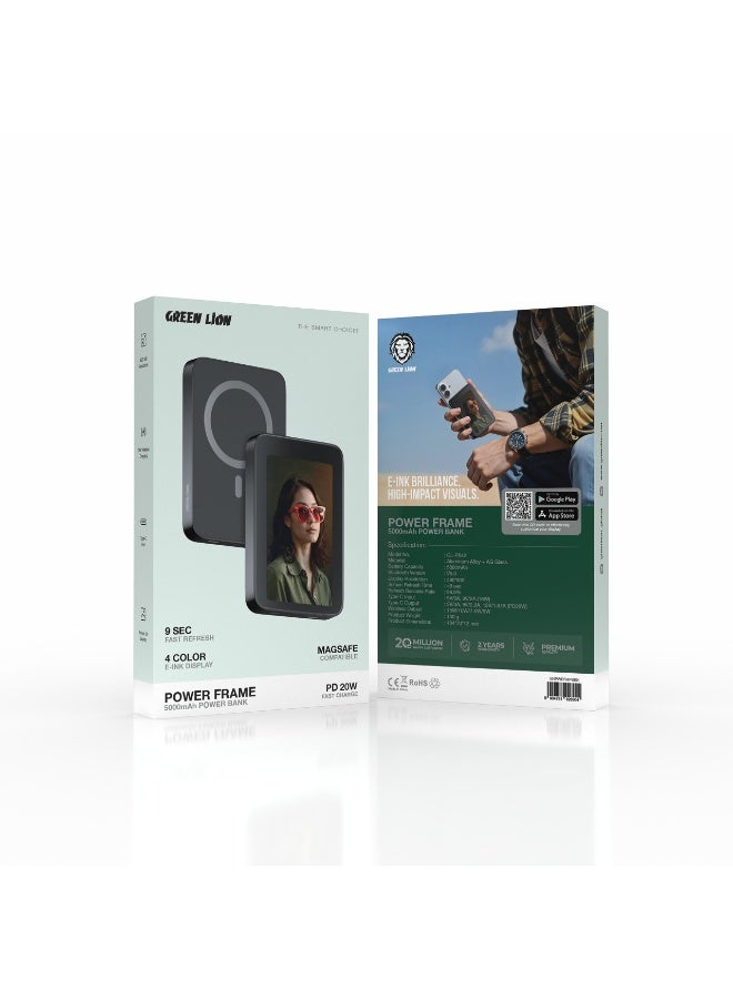 GREEN LION Power Frame MagSafe 5000mAh Power Bank with PD 20W / 15W Wireless Charging / V5.0 Bluetooth Version / Portable Charger / 9 Sec Fast Refresh / Always On Display / 4 Color E-INK Display - Black - Image 3