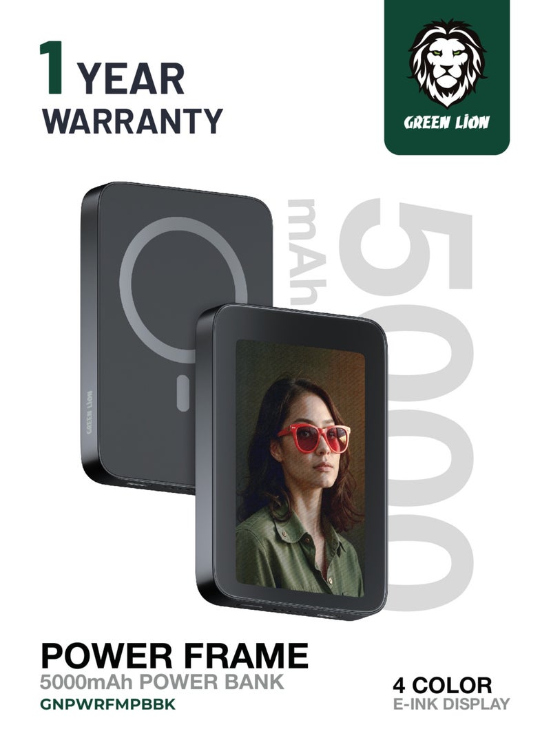 GREEN LION Power Frame MagSafe 5000mAh Power Bank with PD 20W / 15W Wireless Charging / V5.0 Bluetooth Version / Portable Charger / 9 Sec Fast Refresh / Always On Display / 4 Color E-INK Display - Black - Image 1