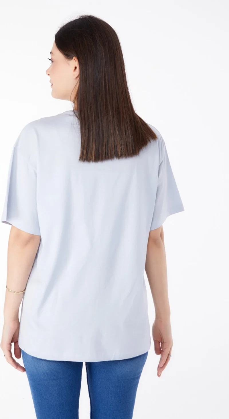 Tofisa Plain Crew Neck Women's Lilac Printed Short Sleeve T-Shirt - 25388
