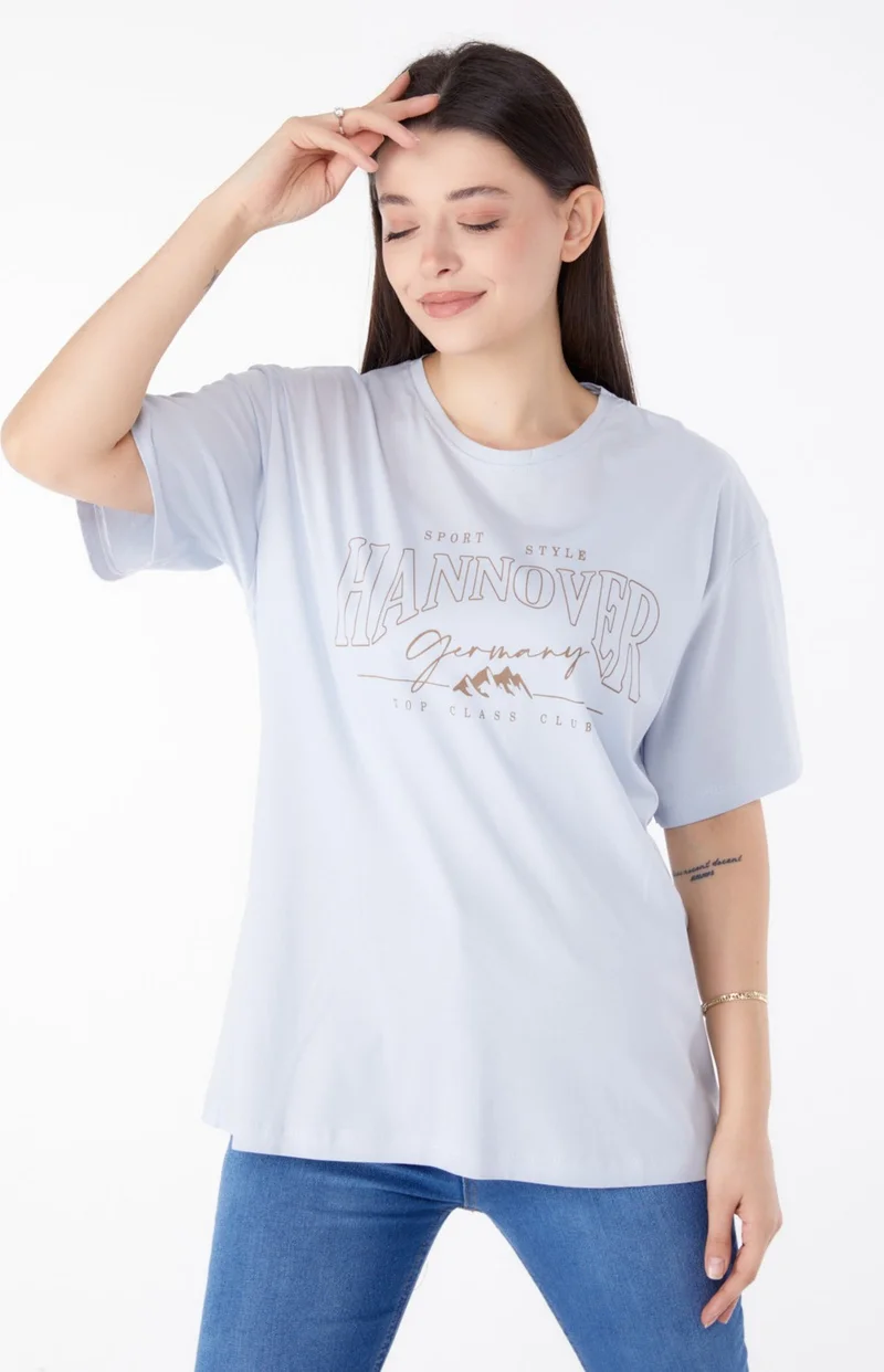 Tofisa Plain Crew Neck Women's Lilac Printed Short Sleeve T-Shirt - 25388