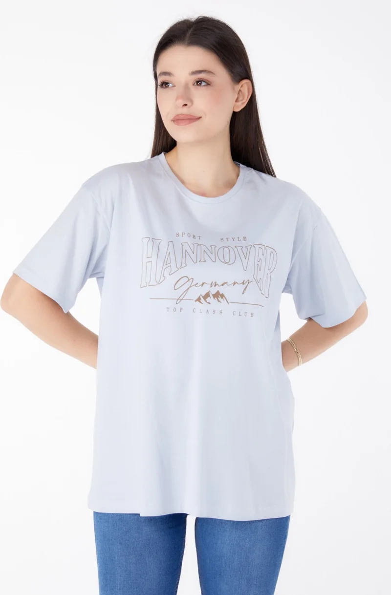 Tofisa Plain Crew Neck Women's Lilac Printed Short Sleeve T-Shirt - 25388