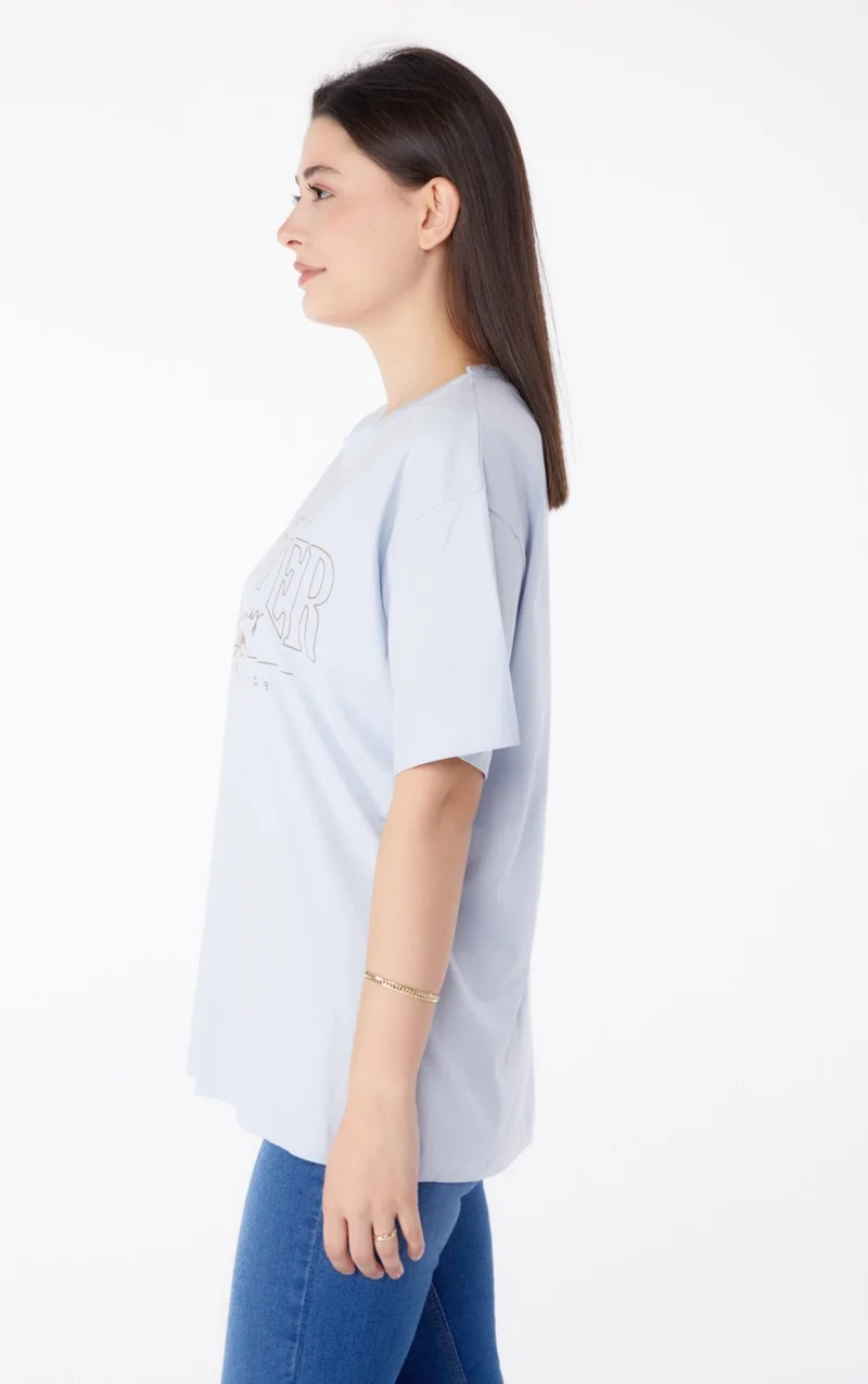 Tofisa Plain Crew Neck Women's Lilac Printed Short Sleeve T-Shirt - 25388