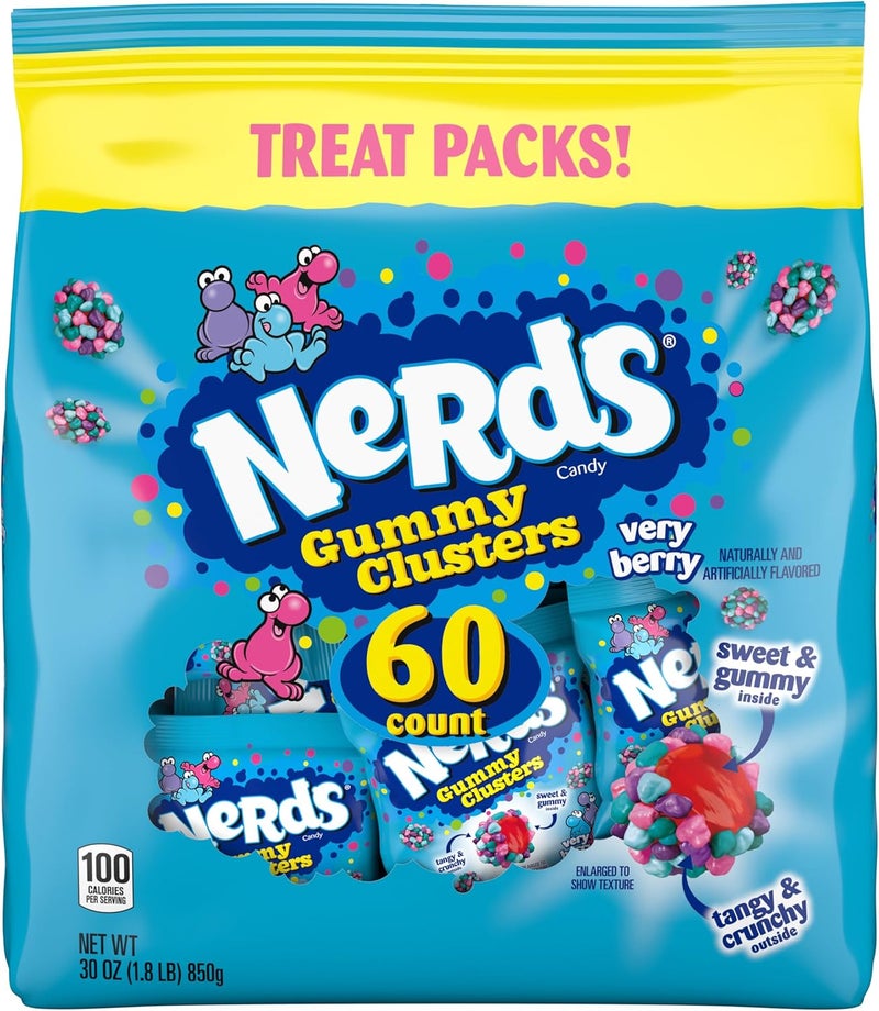 NERDS Gummy Clusters Candy, Very Berry Flavor, 30 oz Bag with 60 Treat Size Packs - Image 1