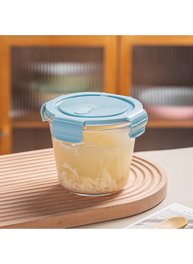 Office Workers Lunch Box Microwave Oven Heating Special Glass Bowl With Lid Lunch Box Large Capacity Soup Bowl Heat Preservation Lunch Box-Specifications:Blue Round Soup Bowl/720ml