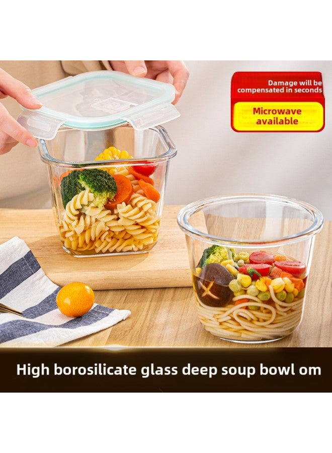 Office Workers Lunch Box Microwave Oven Heating Special Glass Bowl With Lid Lunch Box Large Capacity Soup Bowl Heat Preservation Lunch Box-Specifications:Blue Round Soup Bowl/720ml