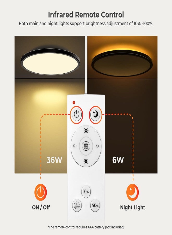 Matane 15.4in LED Flush Mount Ceiling Light Fixture with Remote, 2000K Warm Nightlight, Dimmable 3000K-6500K Low Profile Ceiling Lights for Bedroom, Living Room, 3600LM Black - Image 5