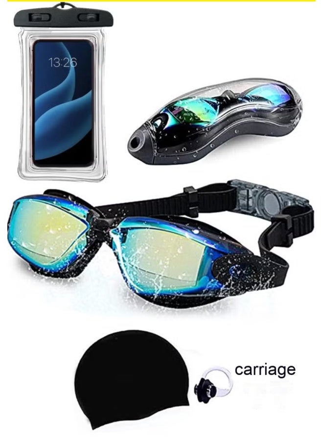 4-in-1 Swimming Gear Set with Electroplated Anti-Fog Goggles Silicone Cap Earplugs for Adults