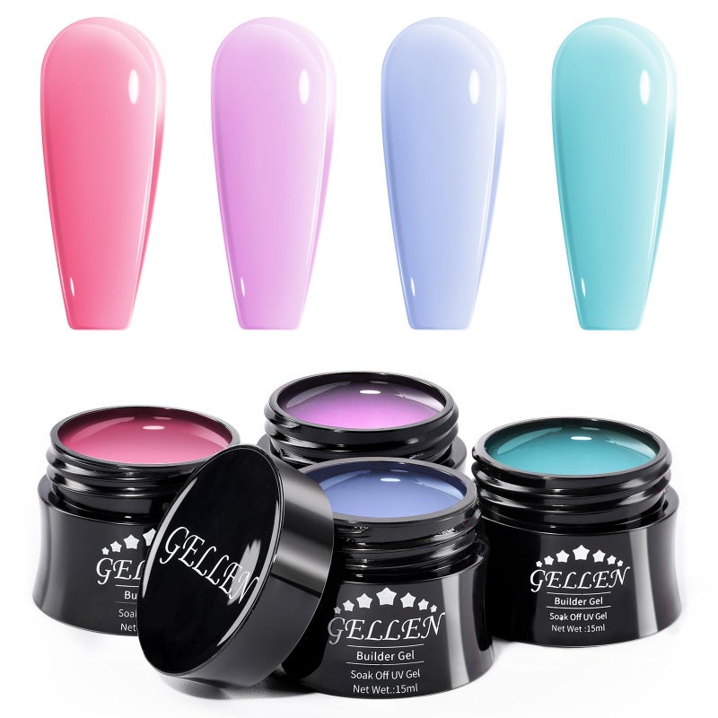 Gellen Builder Gel Kit - Nail Extension Kit with 4 Pastel Colors: Rose, Red, Violet, Blue, Green - Hard Gel Nail Builder, 15ml - Image 1